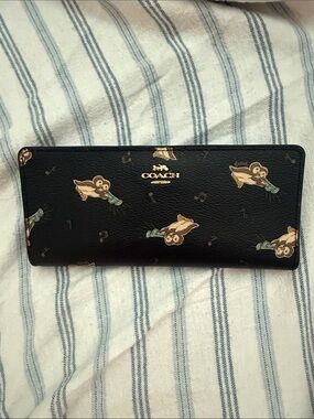 Coach brown Leather Continental Wallet with Owl Print and Gold Logo